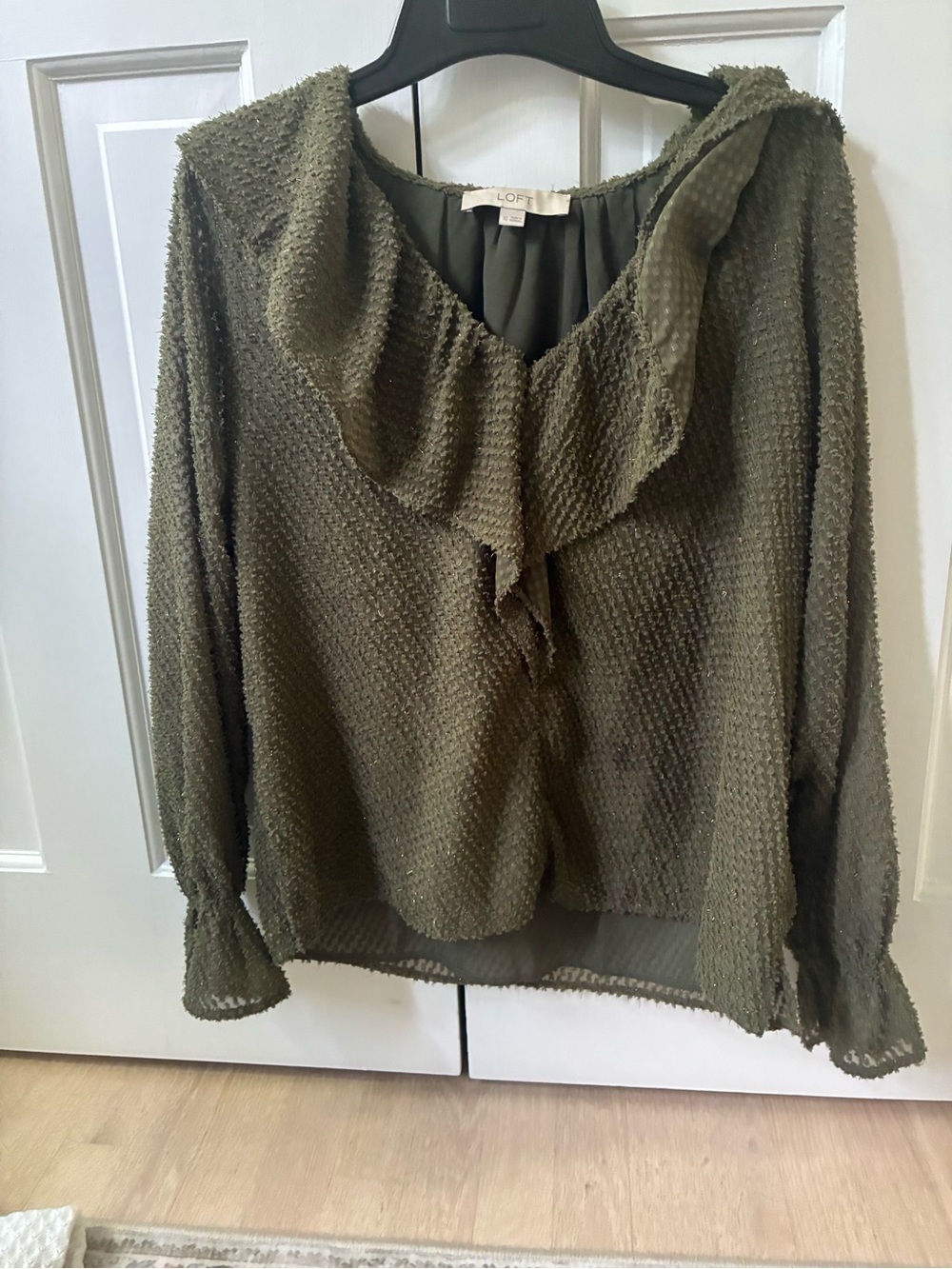 LOFT Olive Green Ruffle V-Neck Sweater